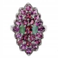 925 Pierścionek elegancki srebrny naturalne granaty rodolity szmaragdy r 16