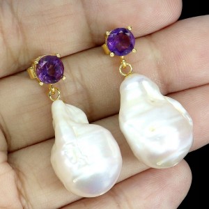 925 Kolczyki eleganckie srebrne naturalne perły barokowe ametysty 2