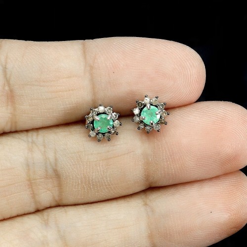 Delikatne kolczyki naturalne diamenty srebro szmaragdy 925 2