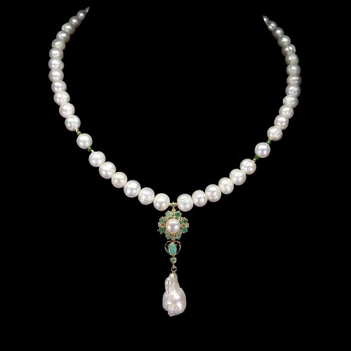 Zjawiskowy elegancki naszyjnik naturalne perły szmaragdy srebro 925