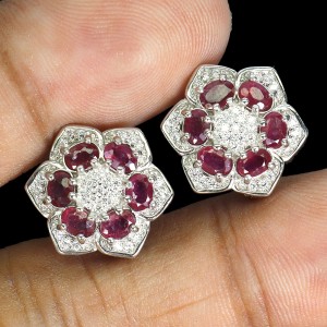 Piękne eleganckie srebrne kolczyki naturalne rubiny cyrkonie kwiat 2