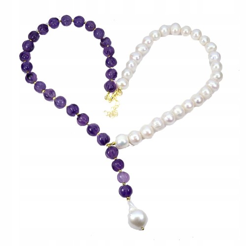 925 Elegancki zjawiskowy naszyjnik naturalne perły ametysty srebro