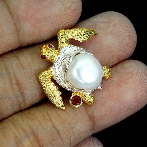 925 Srebrny zjawiskowy wisiorek naturalne rubiny Myanmar perła żółw