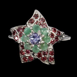 Pierścionek elegancki naturalne szmaragdy granaty tanzanit r 16.5 gwiazdka