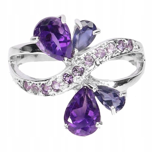 925 Pierścionek srebrny elegancki r 14 naturalne ametysty iolity