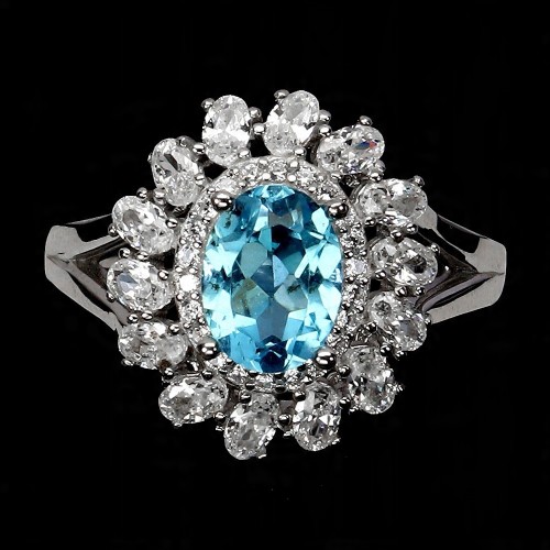 Piękny 925 elegancki pierścionek naturalny swiss blue topaz cyrkonie r 17