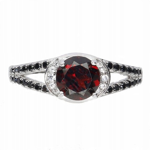925 Pierścionek elegancki srebro naturalny granat czarne spinele r 17