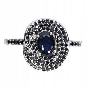 Srebro elegancki pierścionek naturalny szafir niebieski czarne spinele r 17