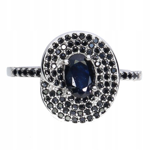 Srebro elegancki pierścionek naturalny szafir niebieski czarne spinele r 17