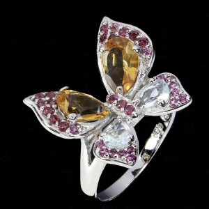 925 Pierścionek zjawiskowy naturalne granaty akwamaryny cytryny r 18 motyl