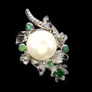 Pierścionek elegancki naturalne ametysty szmaragdy perła srebro 925 r 19