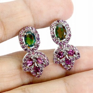 925 Kolczyki zjawiskowe naturalne czarne opale granaty eleganckie 2