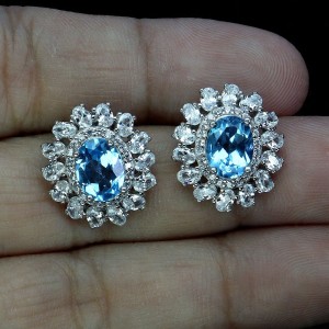 Piękne srebrne kolczyki naturalne topazy swiss blue cyrkonie 2