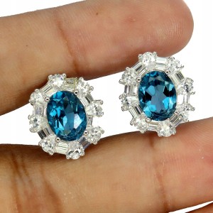 2 Piękne srebrne eleganckie kolczyki naturalne topazy london blue cyrkonie