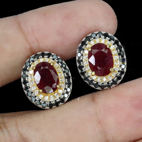 925 Kolczyki srebrne eleganckie naturalne czarne spinele rubiny cyrkonie 2