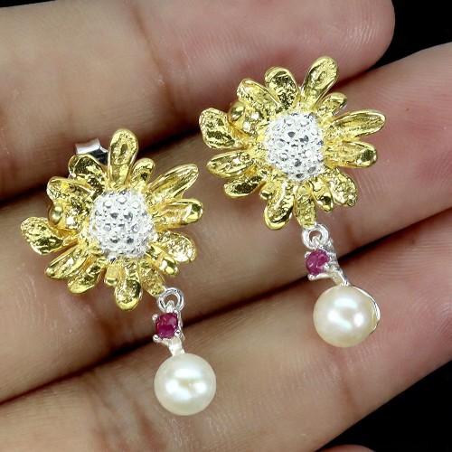 Kolczyki srebrne eleganckie delikatne naturalne perły rubiny 2 925