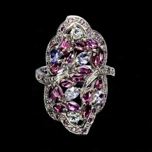 925 Pierścionek srebrny elegancki naturalne rodolity granaty tanzanity r 15