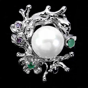 Pierścionek elegancki naturalne ametysty szmaragdy perła srebro 925 r 15.5