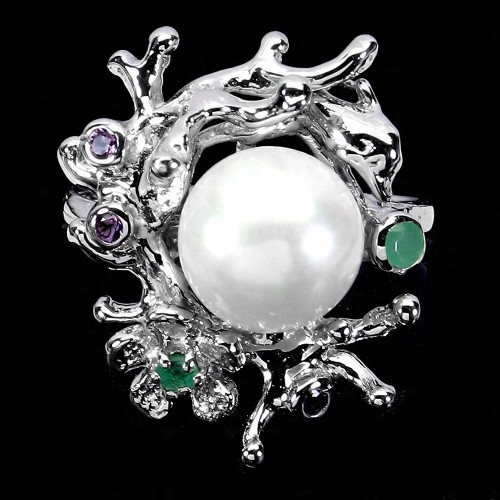 Pierścionek elegancki naturalne ametysty szmaragdy perła srebro 925 r 15.5