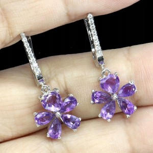 2 925 Kolczyki eleganckie srebrne wiszące naturalne ametysty kwiat
