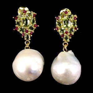 925 Kolczyki eleganckie srebrne naturalne perły barokowe oliwiny rubiny 2