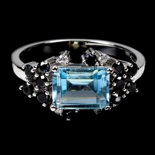 Srebrny 925 elegancki pierścionek naturalny sky topaz czarne spinele r 17