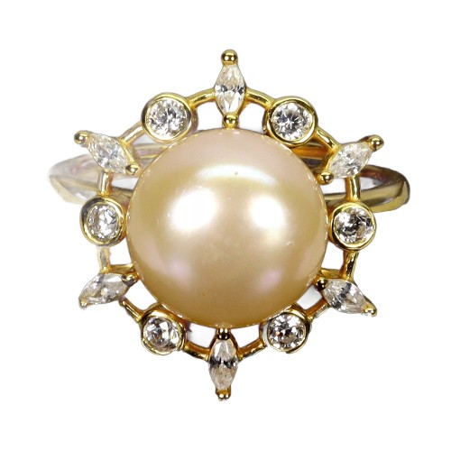 Pierścionek srebrny elegancki naturalna kremowa perła cyrkonie r 16