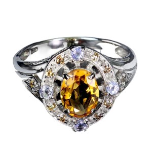 Pierścionek 925 elegancki naturalne tanzanity cytryn szafiry Songea r 16