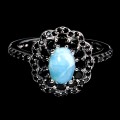Pierścionek 925 elegancki srebrny naturalny larimar czarne spinele r 14