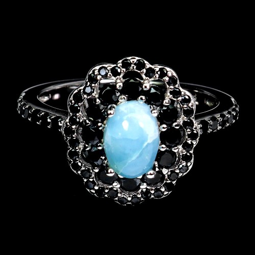 Pierścionek 925 elegancki srebrny naturalny larimar czarne spinele r 14
