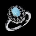 Pierścionek 925 elegancki srebrny naturalny larimar czarne spinele r 14