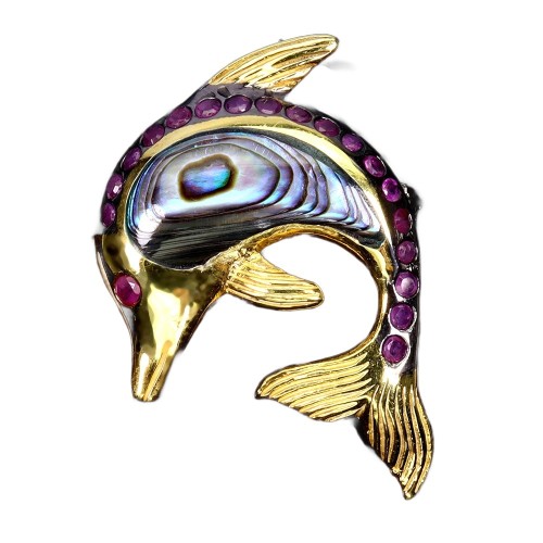 Zjawiskowy wisiorek broszka naturalna masa perłowa rubiny delfin 925