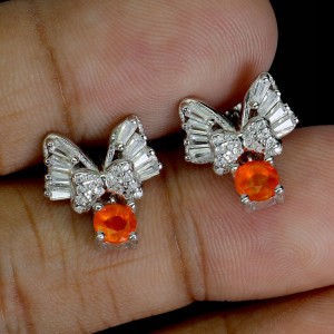 Srebrne 925 4 kolczyki delikatne cyrkonie opale pomarańczowe naturalne