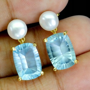 Zjawiskowe srebrne eleganckie kolczyki naturalne topazy sky blue perły 4