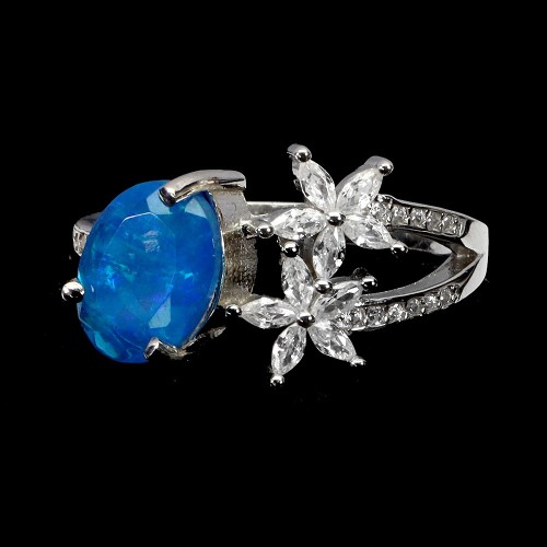 Pierścionek srebrny delikatny r 14 naturalny opal niebieski cyrkonie 925