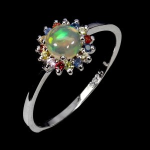 Delikatny srebrny pierścionek naturalny ognisty opal szafiry Songea r 17