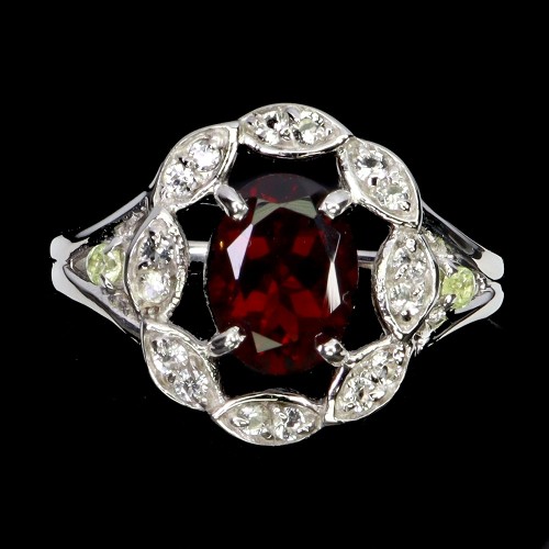 Pierścionek 925 elegancki naturalny granat białe topazy oliwiny r 17