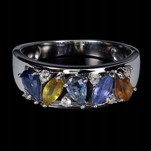 Srebrny elegancki pierścionek naturalne szafiry Songea białe topazy r 14