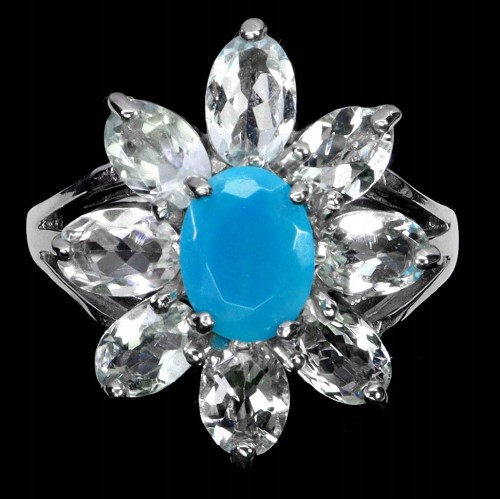 925 Pierścionek zjawiskowy elegancki natural niebieski opal akwamaryny r 18