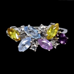 925 Srebrny delikatny pierścionek naturalne szafiry Songea cyrkonie r 14