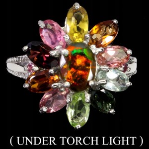 925 Pierścionek srebrny elegancki naturaly opal czarny turmaliny r 13.5