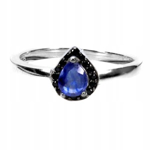 925 Delikatny pierścionek naturalny niebieski szafir czarne spinele r 11.5