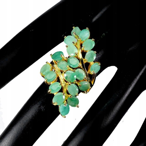 Srebrny elegancki pierścionek r 14 naturalne szmaragdy beryle zjawiskowy