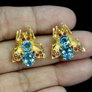 Piękne srebrne kolczyki naturalne topazy swiss blue rubiny granaty mucha 4