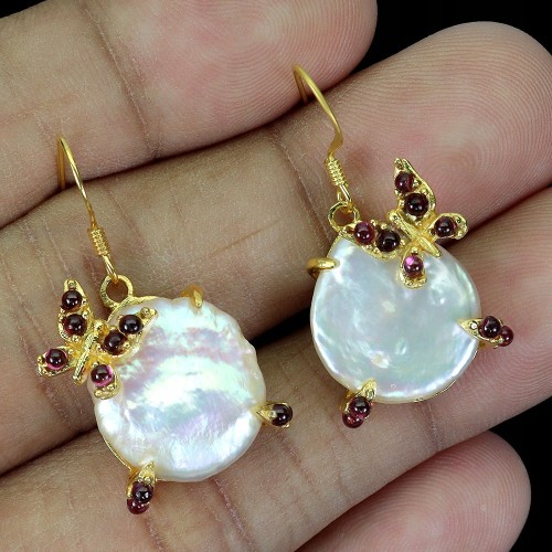 925 Srebrne eleganckie kolczyki naturalne perły granaty motyl 4