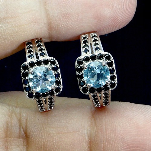 Srebrne eleganckie kolczyki naturalne topazy sky blue czarne spinele 4