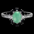 Pierścionek 925 elegancki srebrny naturalny beryl czarne spinele r 17