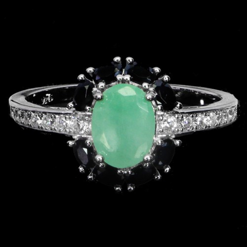 Pierścionek 925 elegancki srebrny naturalny beryl czarne spinele r 17