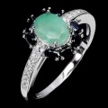Pierścionek 925 elegancki srebrny naturalny beryl czarne spinele r 17