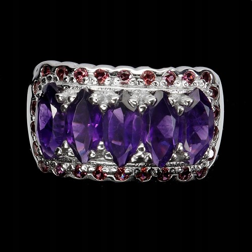 925 Piękny elegancki srebrny pierścionek naturalne ametysty granaty r 16